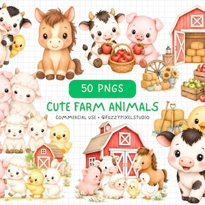 May include: A digital collection of 50 PNG illustrations featuring farm animals including pigs, sheep, cows, horses, and chicks, along with red barns, crates of apples, and hay bales, labeled with the text 50 PNGS CUTE FARM ANIMALS.