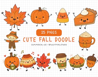 Fall Doodle Clipart Bundle, 25 PNG Autumn Leaves, Pumpkins, Scarecrow (Digital Download)