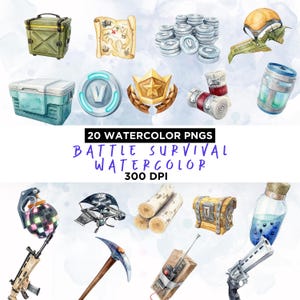 May include: A collection of 20 watercolor illustrations featuring survival game items including a green supply crate, treasure map, V-Bucks coins, glider, cooler, gold star emblem, bandages, blue barrel, disco grenade, logs, chest, potion, and weapons.
