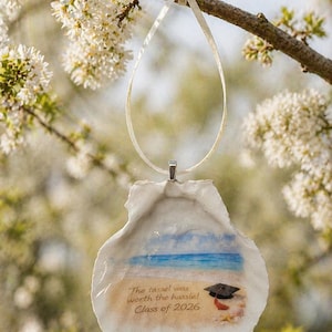 May include: A seashell ornament with a painted beach scene and graduation cap. The text reads "The tassel was worth the hassle! Class of 2026." It hangs from a white ribbon, displayed on a flowering branch.