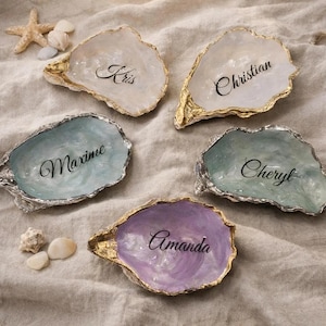 Personalized Place Card Oyster Shell Wedding Favor Beach Table Decor Coastal Baby Shower Theme Display Custom Name Gold Rim Metallic Edge