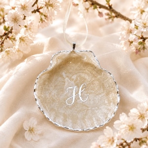 Personalized Shell Ornament Monogram Gift Christmas Tree Hanging Keepsake Wedding Favor Bridal Shower Beach Theme Coastal Home Nautical
