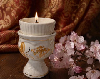 White Ceramic Vigil Lamp Gold Decor Candle Holder 4.7in Orthodox