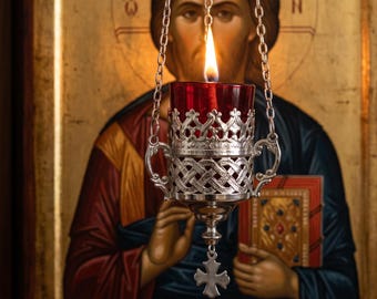 Hanging Oil Lamp Greek Style 3.9x2.5 in, Orthodox Church Lampada Decor