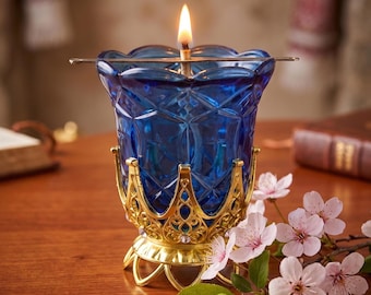 ブルーブラス製テーブルランプ、透かし彫りキャンドルホルダー、高さ3.5インチ、装飾品