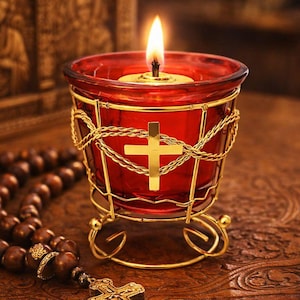 Ortodox oljelampa i glas 3.1 i röd lampa med flottör och 10 vekar