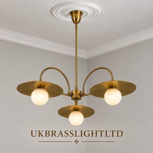 Mid Century Modern Brass Chandelier Luxury Dining Room Fixture 3 Light Globe Pendant, Handmade Ceiling Light, Modern Sputnik Lighting