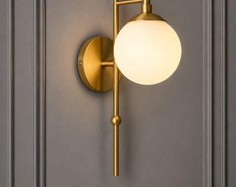 Mid Century Modern Globe Wall Sconce Brass & Glass Wall Light Minimalist Interior Lighting