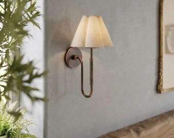 Elegant Mid-Century Modern Indoor Lighting for Home Decor Handcrafted Antique Blackened Brass Wall Sconce with Pleated Fabric Shade -