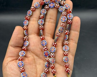 Vintage Augenachat Emaille Perlenkette - Rot, Weiß, Blau Blumenmuster