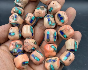 Tibetanische Koralle Türkis Lapis Perlenkette - Alte Inlay Beads