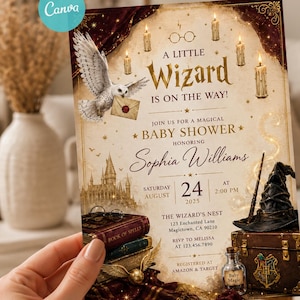 Harry Potter Baby Shower Invitation, Wizard Baby Shower Invite, Magic Baby Shower Evite, Fantasy Baby Shower, Wizard on the Way Canva