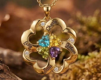 Collar con trébol de cuatro hojas y 4 nombres, joyería personalizada con el nombre de la familia, regalo significativo para la abuela, collar personalizado para mamá.