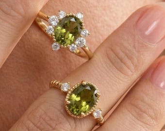 Anillo vintage ovalado con gema verde, anillo de compromiso con halo de rayos de sol, anillo delicado ajustable con detalles milgrain, regalo del Día de la Madre para mamá, regalo de compromiso.
