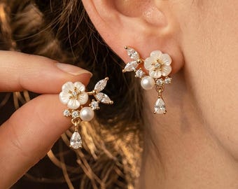 Pendientes florales de nácar, pendientes colgantes de perlas para novias, regalo del Día de la Madre para mamá, conjunto de regalo para propuesta de dama de honor, joyería de boda