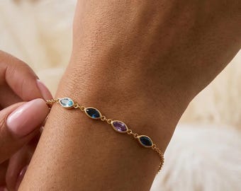 Pulsera personalizada con piedra natal en forma de marquesa, pulsera familiar con engaste, regalo del Día de la Madre para mamá, joyería vintage con piedras preciosas, regalo para la abuela, piedras para niños