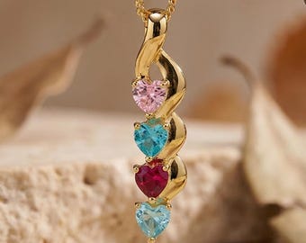 Collar personalizado con piedra natal en forma de corazón, colgante personalizado de gema familiar en plata de ley, regalo significativo para el Día de la Madre para mamá o abuela.