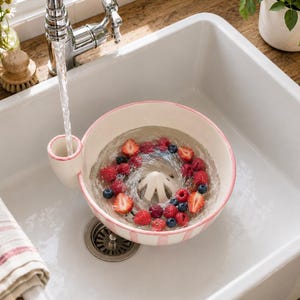 Ceramic Berry Bowl with Side Spout, Pink Striped Fruit Colander, Creative Strawberry Washing Bowl, Kitchen Drainer Basket, Berry Strainer