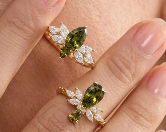 Anillo verde vintage con forma de pera, anillo de compromiso con diseño floral, alianza de boda inspirada en la naturaleza, regalo del Día de la Madre para mamá, anillo Art Déco