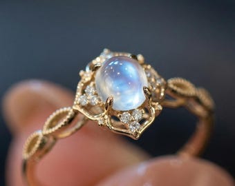 Anillo ovalado vintage de piedra lunar, anillo de promesa ajustable de oro, delicado anillo de ópalo, anillo de novia, regalo para ella, regalo para el Día de la Madre