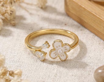Anillo de flor delicado, anillo floral dorado ajustable, joyería botánica, anillo de flor de perlas, regalo para ella, regalo del Día de la Madre, regalo para mi esposa
