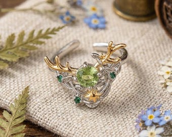 Anillo ajustable de reno del bosque, anillo de compromiso de piedra preciosa verde de cuento de hadas, anillo de enredadera élfica, joyería natural bicolor, regalo para el Día de la Madre