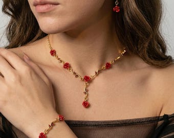 Conjunto de collar y pulsera de rosa roja, joyería floral de oro y plata, inspirado en La Bella y la Bestia, regalo de aniversario para él.