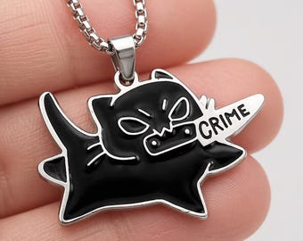 Collar de gato negro con cuchillo, colgante con meme de gato criminal, joyería divertida de gato, gargantilla unisex original, regalo para amantes de los gatos, cadena de acero inoxidable