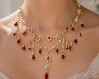 Collar llamativo de cristal rojo rubí vintage, gargantilla colgante dorada para mujer, elegante joyería nupcial de noche, regalo de aniversario para ella.