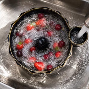 May include: A dark-coloured, fluted bundt pan filled with water and fresh strawberries and cherries. A metal faucet spout is positioned over a small, circular side compartment of the pan, pouring water into the vessel, creating bubbles and ripples.