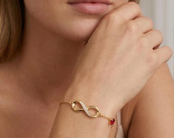 Pulsera personalizada con nombre y símbolo del infinito, joyería con piedra natal en forma de corazón, regalo para el Día de la Madre, pulsera grabada a medida, regalo de aniversario para la esposa.