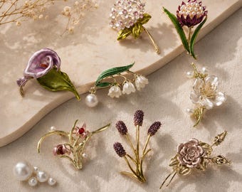 Elegante broche floral para solapa, broche de flor esmaltada para abrigo y suéter, accesorio para sombrero, joyería para invitados de boda, delicado broche con forma de planta.