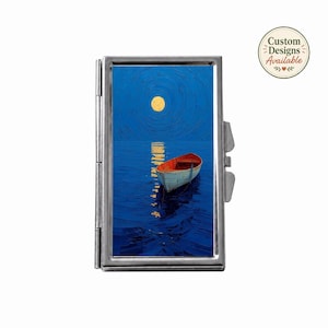 Vintage Moonlit Weekly Metal Pill Box, Red Rowboat 7 days Medicine Case, Full Moon Reflection Travel Vitamin Holder, Gift for Moon Lovers