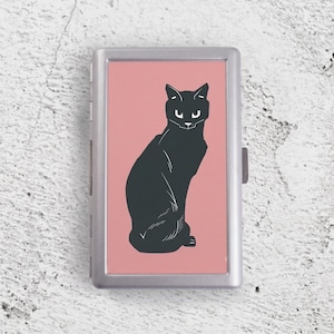 Black Cat Cigarette Case, Gothic Cat Wallet, Slim Metal Card Holder, Cat Lover Gift, Minimalist Pocket Case