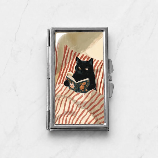 Black Cat Reading Weekly Book Pill Box, Cute Cat Pill Organizer, Weekly Medicine Case, Travel Vitamin Holder, Cat Lover Gift