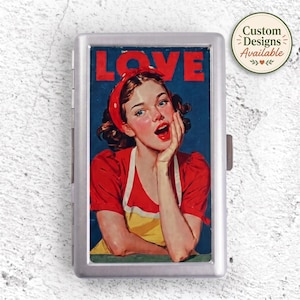 Vintage Pin Up LOVE Cigarette Case with Mirror | Retro Metal Pocket Case | Double Sided Smoking Case | Aesthetic Gift for Her
