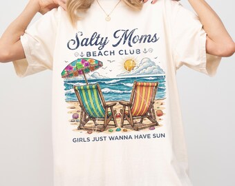 Comfort Colors Salty Moms Beach Club Shirt, Retro Summer Mom Tee, Coastal Mom Aesthetic Top, Beach Vacation Gift, Girls Just Wanna Have Sun
