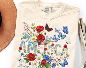 Comfort Colors® America Shirt, Patriotic Flower Tee, Independence Day Shirt, Not Real Painting, American Flag, USA Floral Shirt