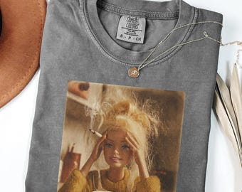 Stressed Smoking Doll with Coffee T-Shirt | Grunge Meme Tee | Wash 90s | Vintage