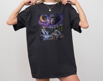 90s Vintage Monkey Shirt, Retro Moon Animal Tee, Nature Waterfall Chimp Graphic Top, Monkey Lover Gift, Comfort Colors
