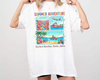 Summer Adventure Shirt, Explore Beaches Peaks Skies, Retro Travel Tee, Family Vacation Tshirt, Wanderlust Gift, Summer Trip Outfit