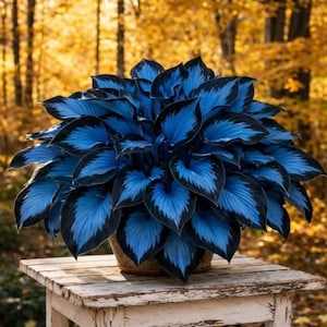 May include: A vibrant blue hosta plant with dark edges, potted in a rustic container, sits on a weathered white wooden table. The plant's large, heart-shaped leaves create a striking contrast against the blurred golden autumn background.