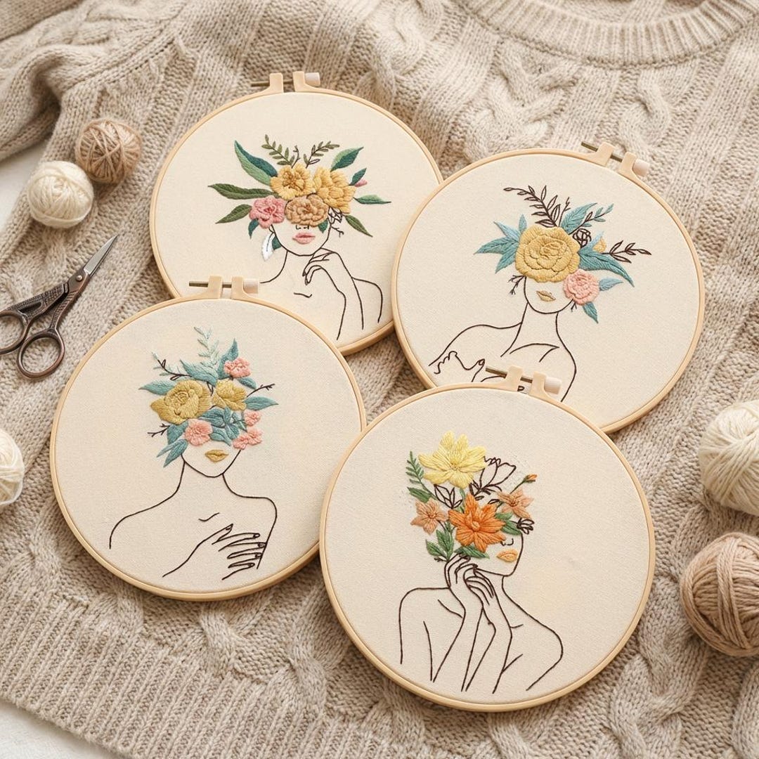 Floral Woman Embroidery Hoop Wall Art, Botanical Line Art Decor ...