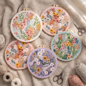 May include: Five round embroidery hoops with floral designs. The hoops feature various color schemes, including pink, blue, and purple, with detailed stitched flowers and greenery. Scissors and spools of thread are also visible.