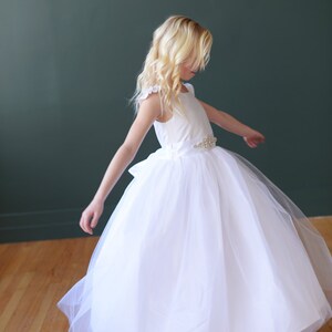 The Dovecote Handmade to Measure Silk Flower Girl Dress and First Communion Dress in Ivory and White with a Full Tulle Skirt image 2