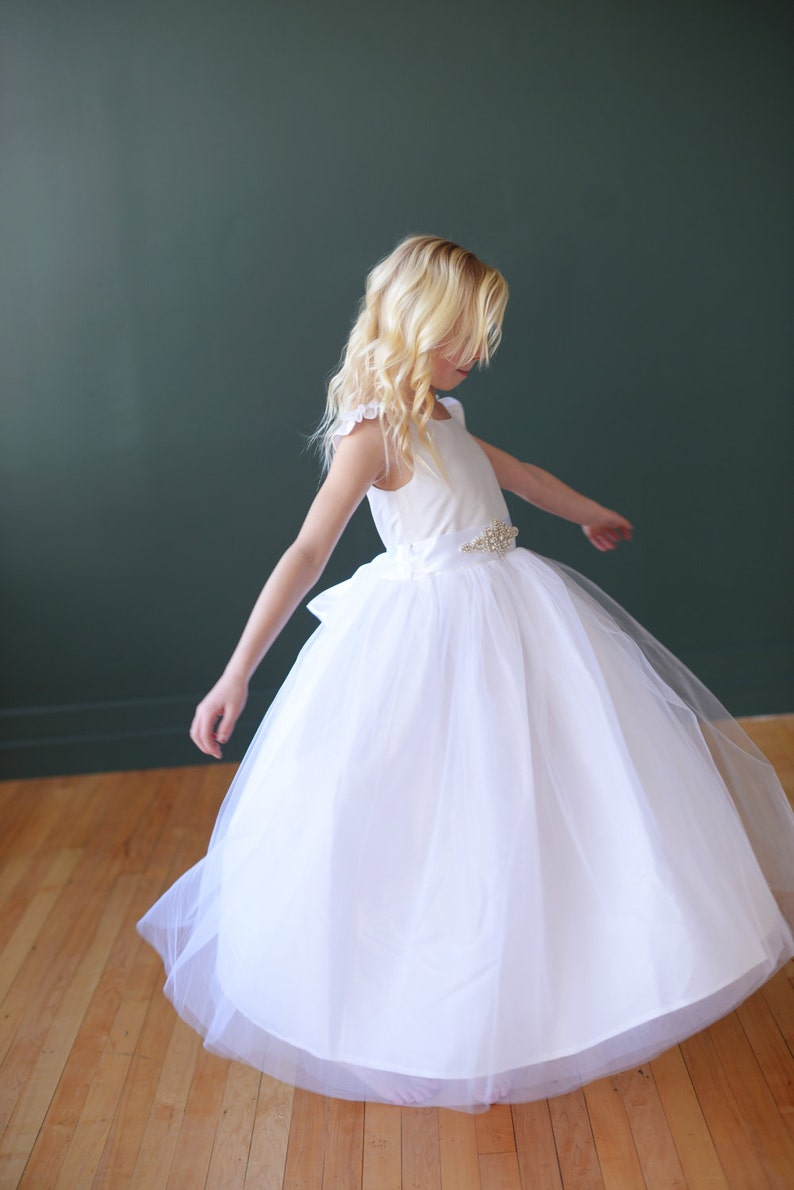 The Dovecote Handmade to Measure Silk Flower Girl Dress and First Communion Dress in Ivory and White with a Full Tulle Skirt image 2