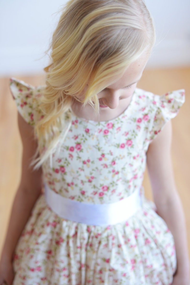 Floral print flower girl dress with diamante sash and butterfly sleeves image 3