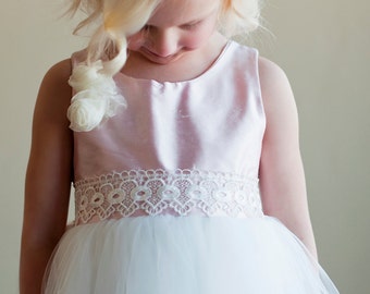 Wild Silk Flower Girl Dress Handmade to Measure with a PInk Silk Bodice and Full Tulle Skirt