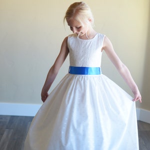 Embroidery Anglaise flower girl dress in white or ivory with ribbon sash in any colour