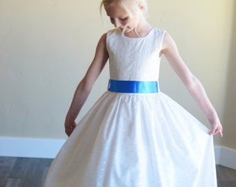 Embroidery Anglaise flower girl dress in white or ivory with ribbon sash in any colour